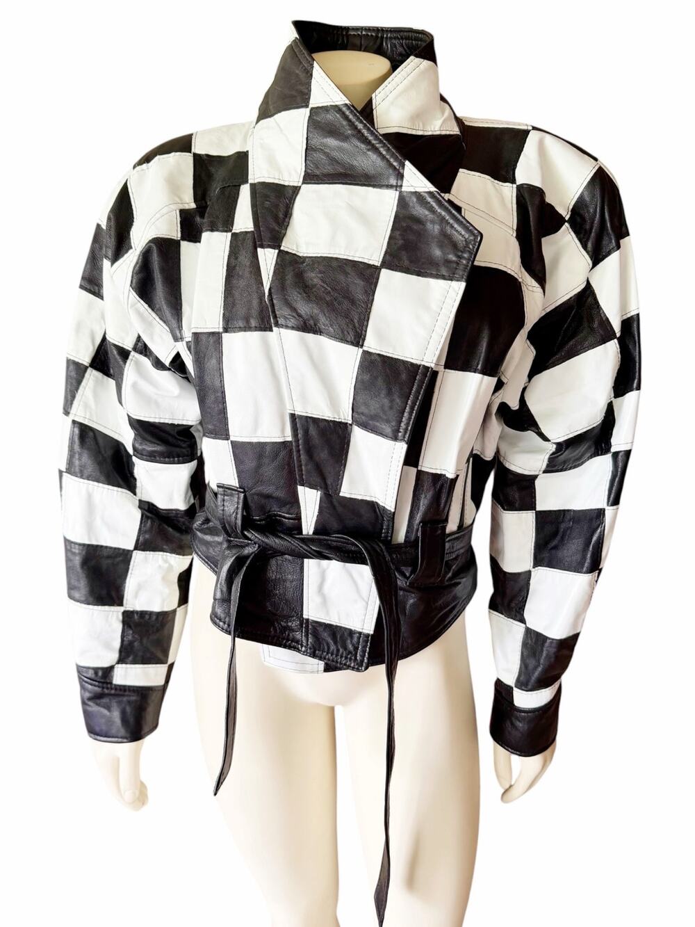 Vintage Cache 80s Checkerboard Leather Jacket Large Belted USA Made Black White